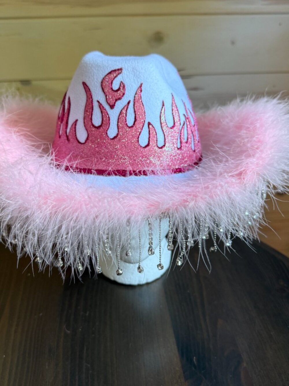 Party City Pink Flame Cowboy hat Hanging Rhinestones Faux Feathers